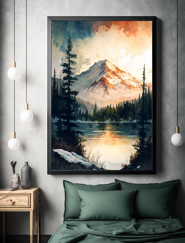 Mountain Lake Watercolor Print, Serene Forest Landscape, Cabincore Nature Poster, Wilderness Canvas Art, Tranquil Wall Decor