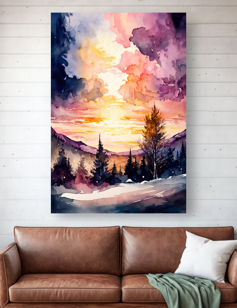 Sunset Mountain Watercolor Print, Pink and Purple Forest Landscape, Cabincore Nature Poster, Winter Canvas Art, Serene Wall Decor