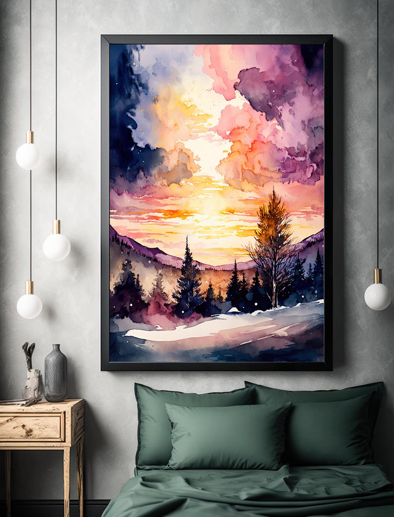 Sunset Mountain Watercolor Print, Pink and Purple Forest Landscape, Cabincore Nature Poster, Winter Canvas Art, Serene Wall Decor