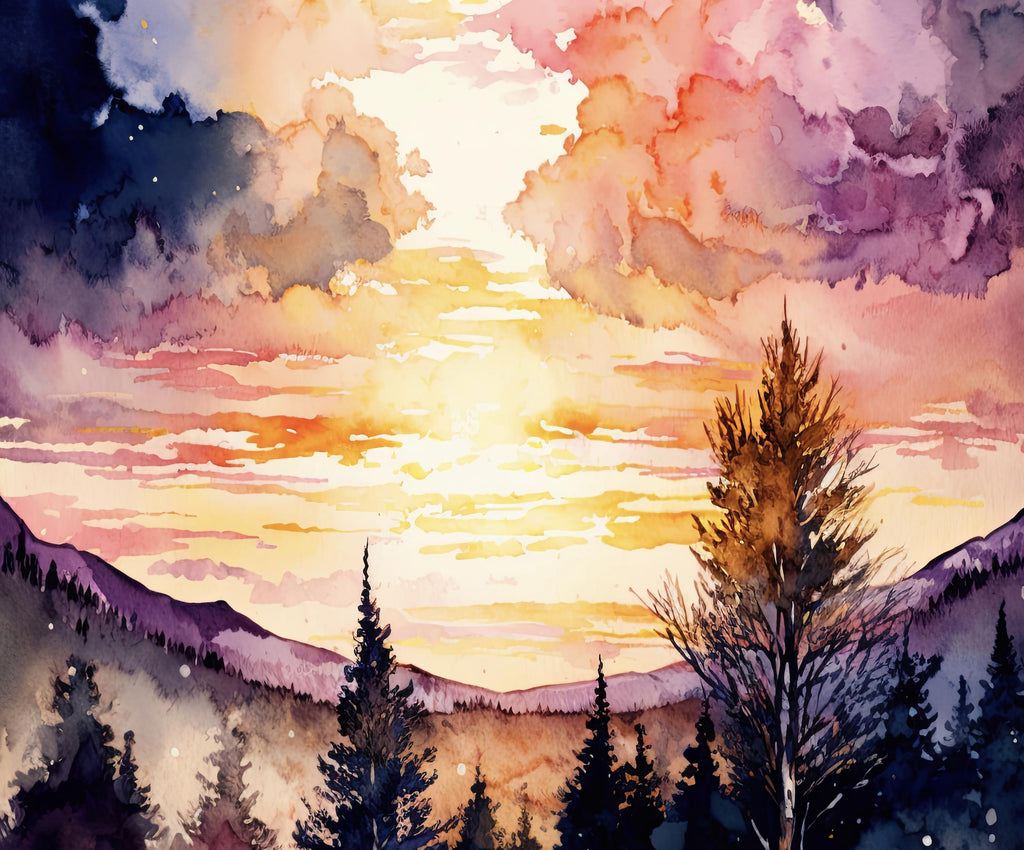 Sunset Mountain Watercolor Print, Pink and Purple Forest Landscape, Cabincore Nature Poster, Winter Canvas Art, Serene Wall Decor