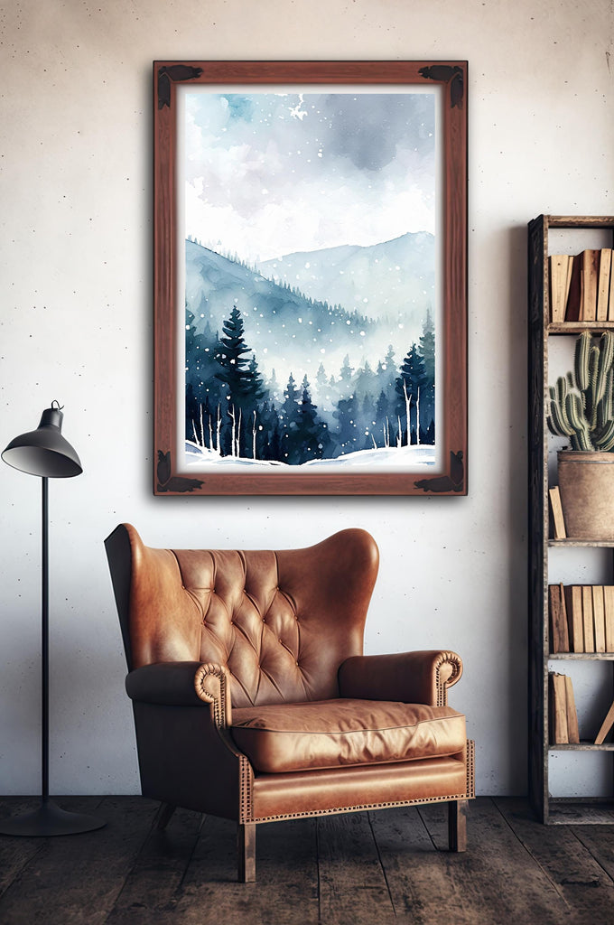 Winter Forest Watercolor Print, Misty Mountain Landscape, Serene Snowy Nature Poster, Cabincore Canvas Art, Tranquil Wall Decor