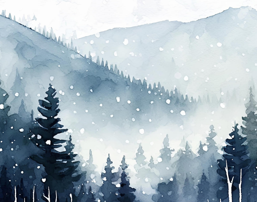 Winter Forest Watercolor Print, Misty Mountain Landscape, Serene Snowy Nature Poster, Cabincore Canvas Art, Tranquil Wall Decor