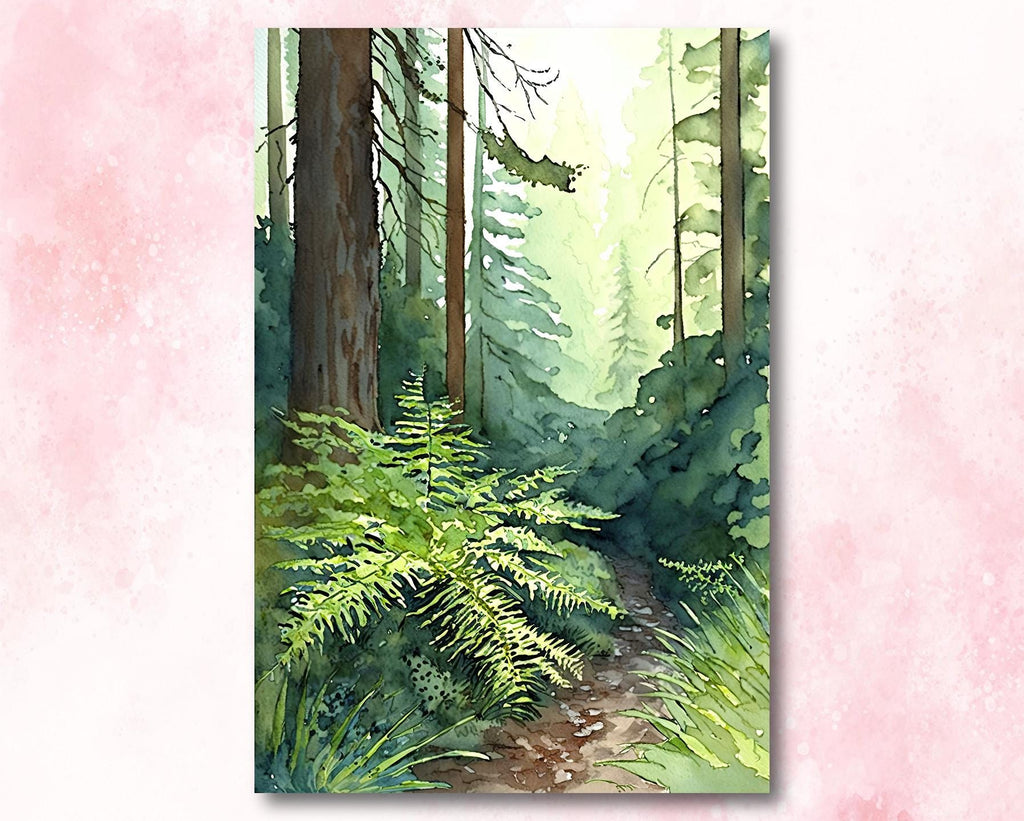 Redwood Forest Path Watercolor Print, Lush Greenery and Ferns, Serene Woodland Canvas Art, Tranquil Nature-Inspired Wall Decor