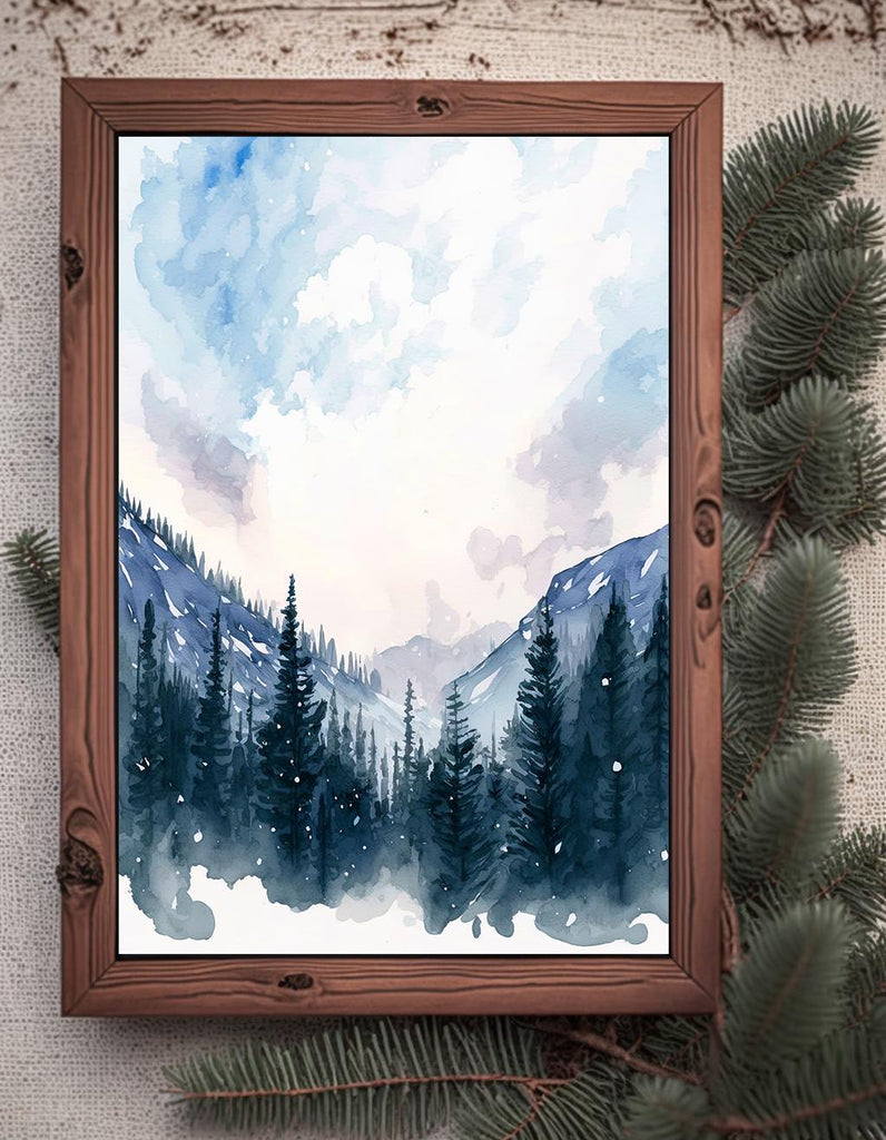 Winter Forest Watercolor Print, Misty Mountain Landscape, Serene Snowy Nature Poster, Cabincore Canvas Art, Tranquil Wall Decor