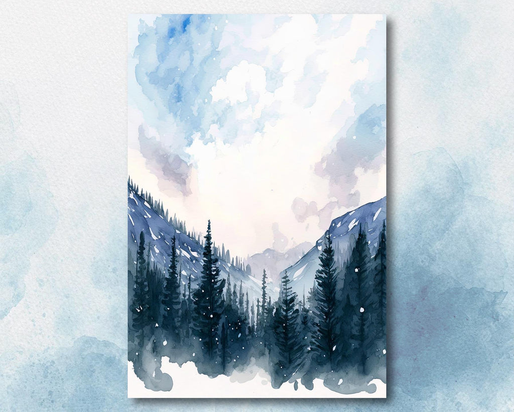 Winter Forest Watercolor Print, Misty Mountain Landscape, Serene Snowy Nature Poster, Cabincore Canvas Art, Tranquil Wall Decor