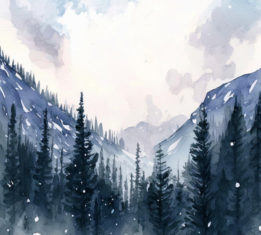 Winter Forest Watercolor Print, Misty Mountain Landscape, Serene Snowy Nature Poster, Cabincore Canvas Art, Tranquil Wall Decor