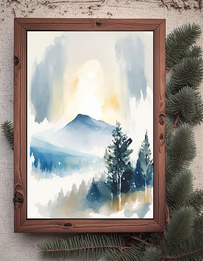 Winter Mountain Watercolor Print, Snow Forest Landscape, Misty Nature-Inspired Poster, Serene Canvas Art, Peaceful Wall Decor