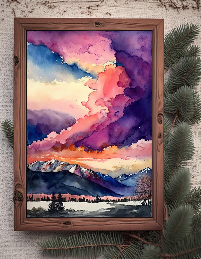 Winter Mountain Sunset Watercolor Print, Sky Landscape Poster, Forest Nature Wall Art, Vibrant Canvas Art, Serene Pink and Purple Wall Decor