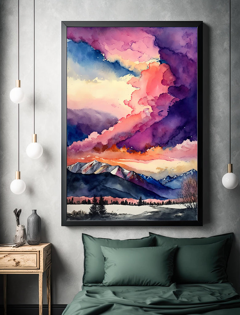 Winter Mountain Sunset Watercolor Print, Sky Landscape Poster, Forest Nature Wall Art, Vibrant Canvas Art, Serene Pink and Purple Wall Decor