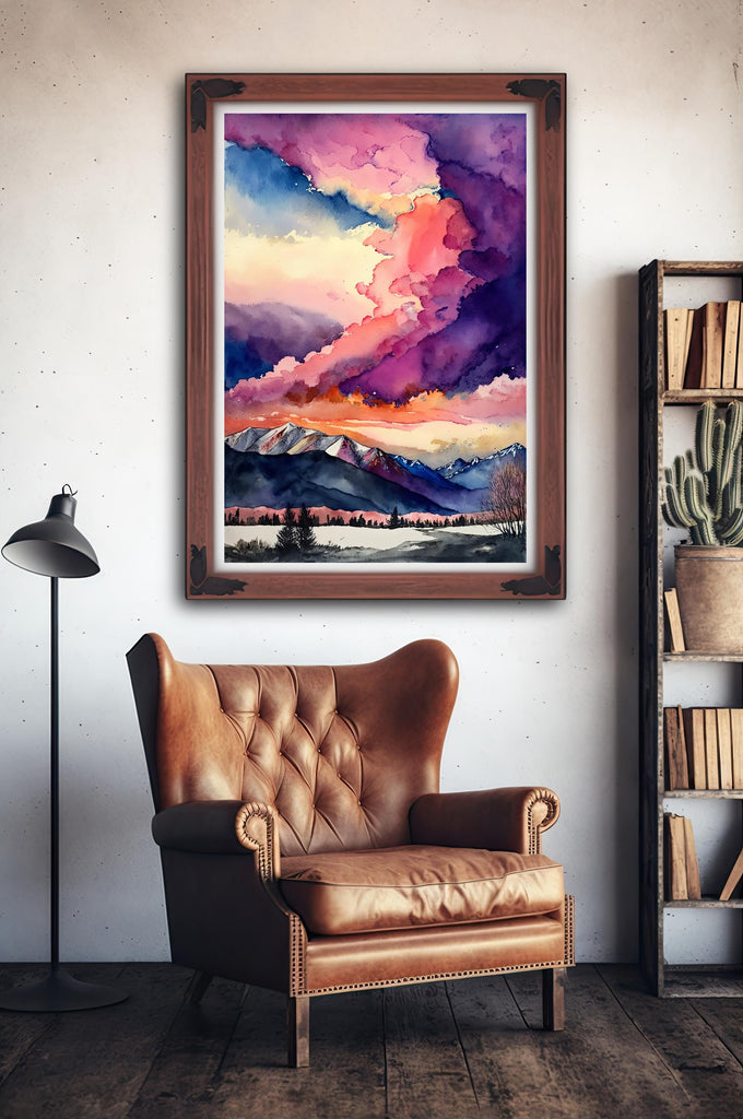 Winter Mountain Sunset Watercolor Print, Sky Landscape Poster, Forest Nature Wall Art, Vibrant Canvas Art, Serene Pink and Purple Wall Decor