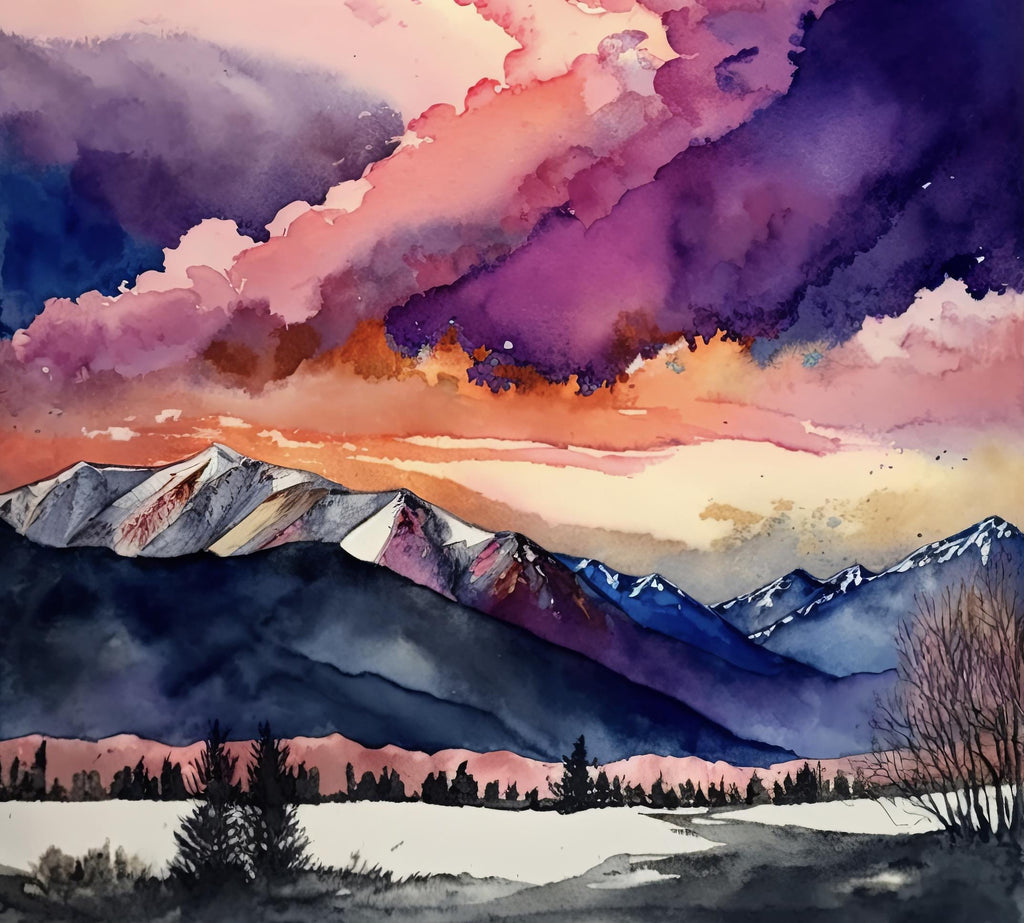 Winter Mountain Sunset Watercolor Print, Sky Landscape Poster, Forest Nature Wall Art, Vibrant Canvas Art, Serene Pink and Purple Wall Decor