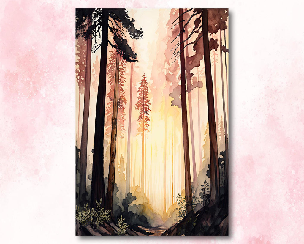 Redwood Forest Sunset Watercolor Print, Landscape Wall Art, Nature-Inspired Poster, Evergreen Trees Canvas Art, Woodland Home Decor