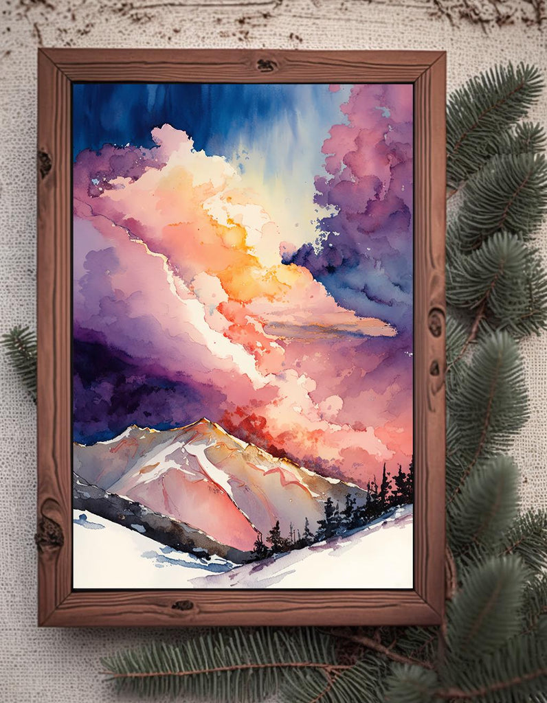 Winter Mountain Sunset Watercolor Print, Sky Landscape Poster, Forest Nature Wall Art, Vibrant Canvas Art, Serene Pink and Purple Wall Decor