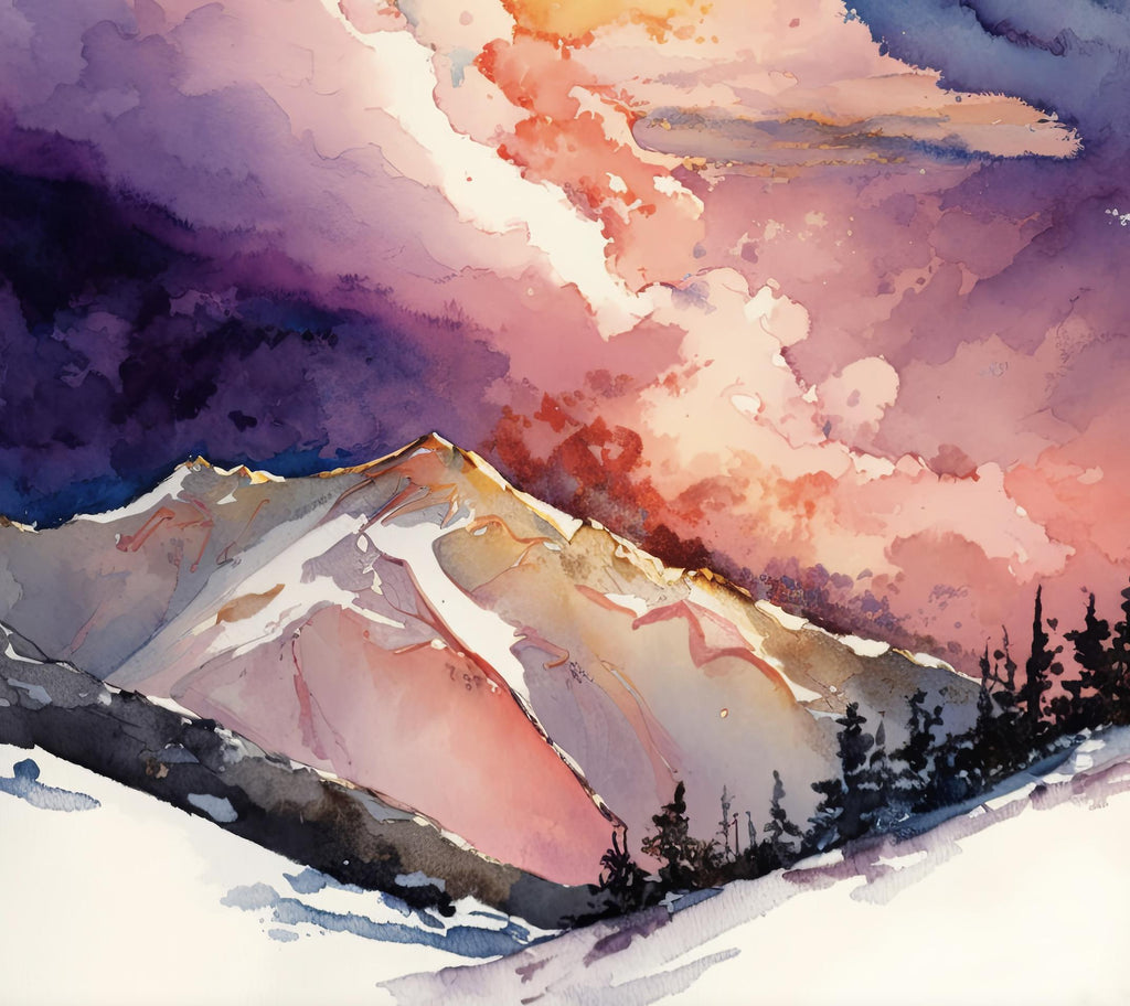 Winter Mountain Sunset Watercolor Print, Sky Landscape Poster, Forest Nature Wall Art, Vibrant Canvas Art, Serene Pink and Purple Wall Decor