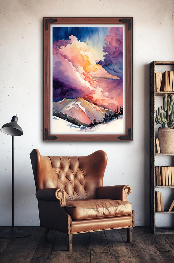 Winter Mountain Sunset Watercolor Print, Sky Landscape Poster, Forest Nature Wall Art, Vibrant Canvas Art, Serene Pink and Purple Wall Decor