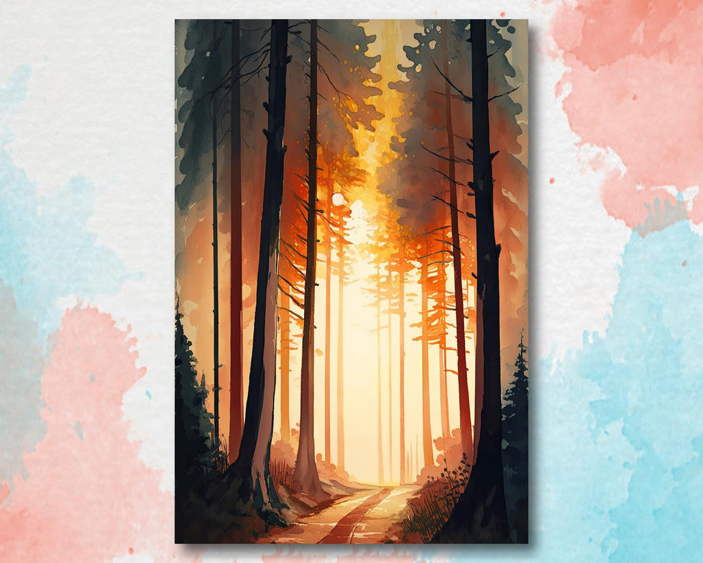 Redwood Forest Sunset Watercolor Print, Landscape Wall Art, Nature-Inspired Poster, Evergreen Trees Canvas Art, Woodland Home Decor