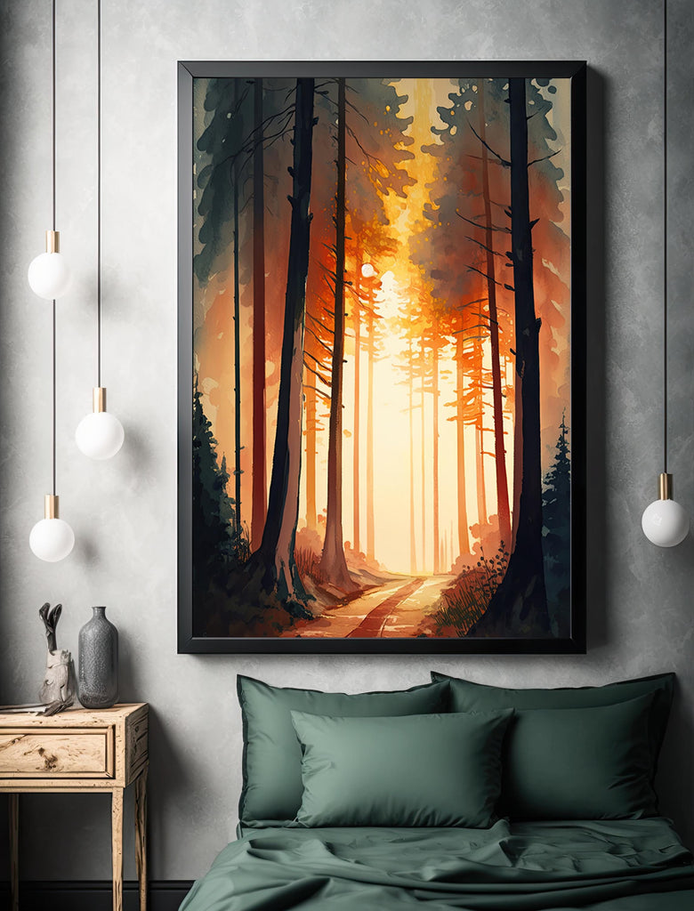 Redwood Forest Sunset Watercolor Print, Landscape Wall Art, Nature-Inspired Poster, Evergreen Trees Canvas Art, Woodland Home Decor