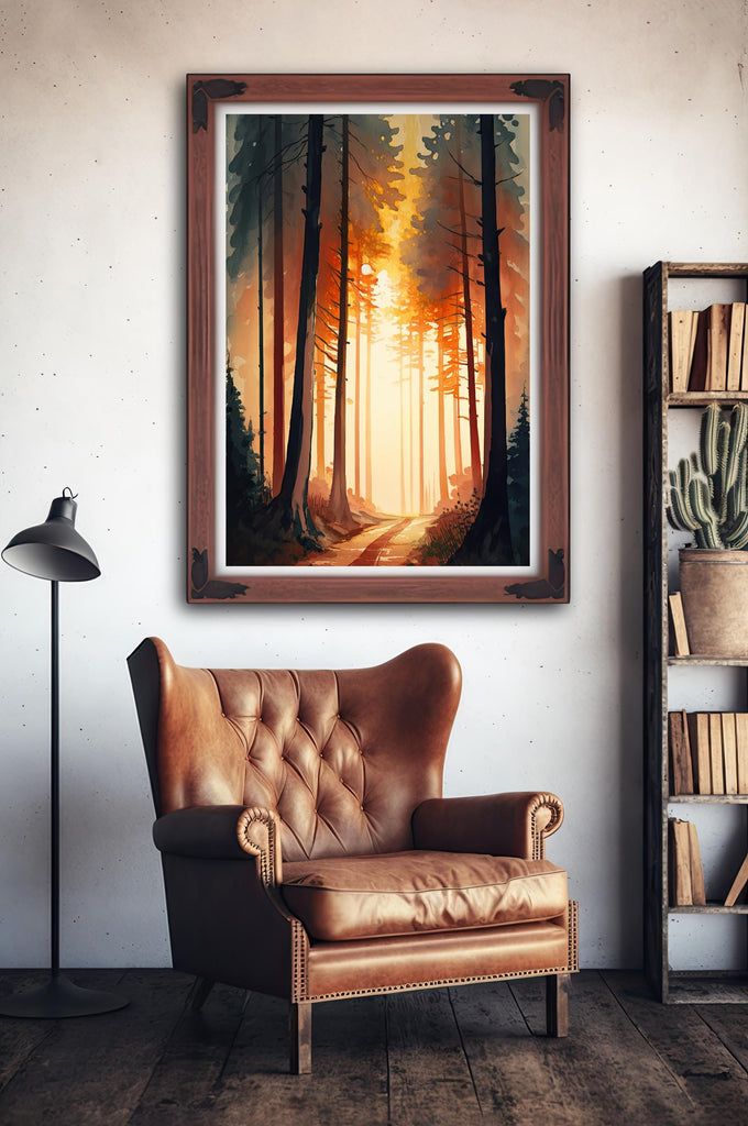 Redwood Forest Sunset Watercolor Print, Landscape Wall Art, Nature-Inspired Poster, Evergreen Trees Canvas Art, Woodland Home Decor