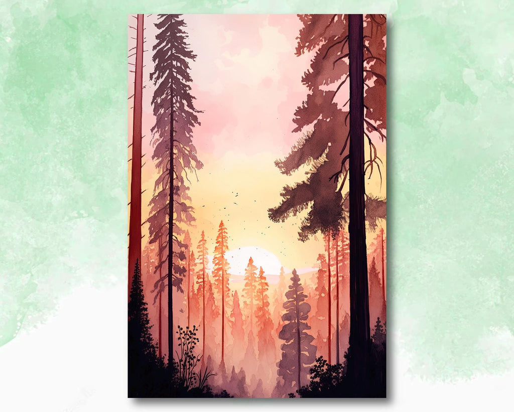 Redwood Forest Sunset Watercolor Print, Landscape Wall Art, Nature-Inspired Poster, Evergreen Trees Canvas Art, Woodland Sunrise Home Decor