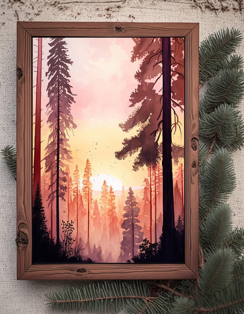 Redwood Forest Sunset Watercolor Print, Landscape Wall Art, Nature-Inspired Poster, Evergreen Trees Canvas Art, Woodland Sunrise Home Decor