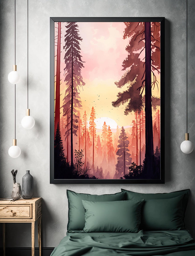 Redwood Forest Sunset Watercolor Print, Landscape Wall Art, Nature-Inspired Poster, Evergreen Trees Canvas Art, Woodland Sunrise Home Decor