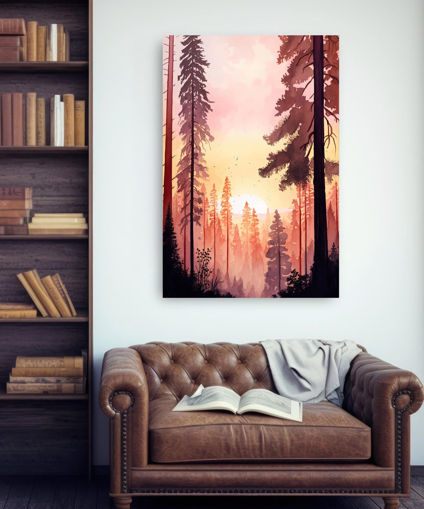 Redwood Forest Sunset Watercolor Print, Landscape Wall Art, Nature-Inspired Poster, Evergreen Trees Canvas Art, Woodland Sunrise Home Decor