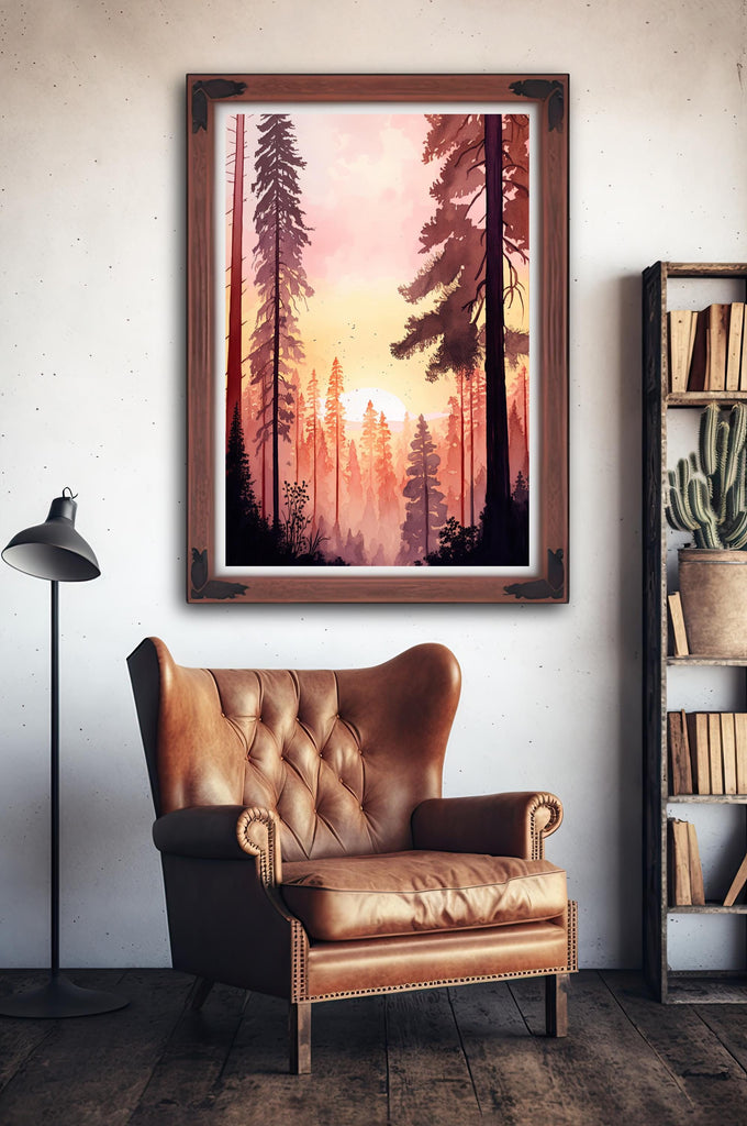 Redwood Forest Sunset Watercolor Print, Landscape Wall Art, Nature-Inspired Poster, Evergreen Trees Canvas Art, Woodland Sunrise Home Decor