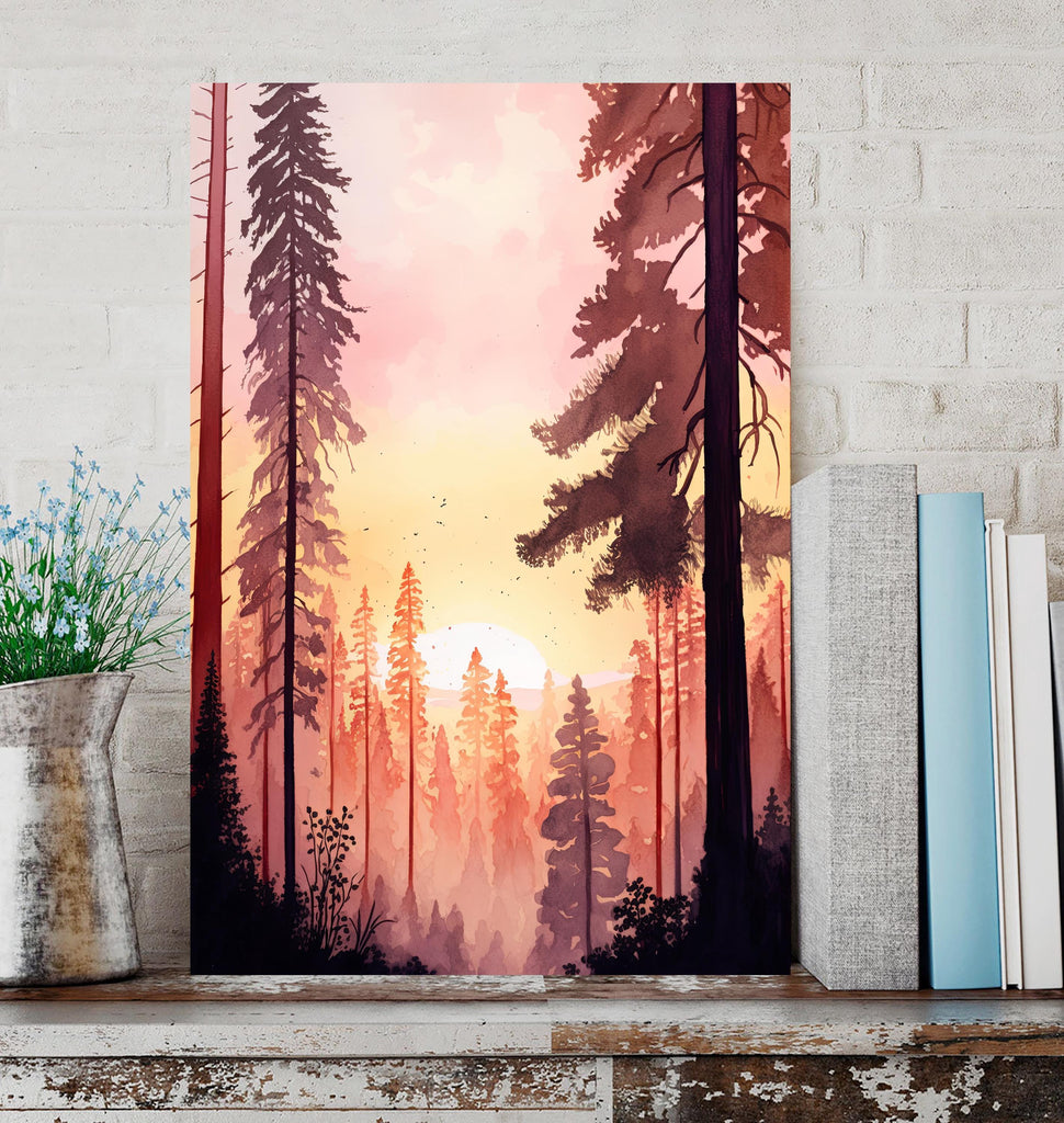 Redwood Forest Sunset Watercolor Print, Landscape Wall Art, Nature-Inspired Poster, Evergreen Trees Canvas Art, Woodland Sunrise Home Decor