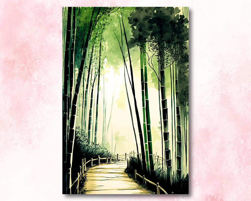 Japanese Bamboo Forest Watercolor Print, Asian Nature Landscape Wall Art, Greenery Botanical Poster, Serene Japan Canvas Art, Zen Home Decor