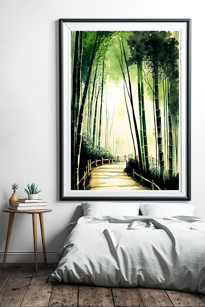 Japanese Bamboo Forest Watercolor Print, Asian Nature Landscape Wall Art, Greenery Botanical Poster, Serene Japan Canvas Art, Zen Home Decor