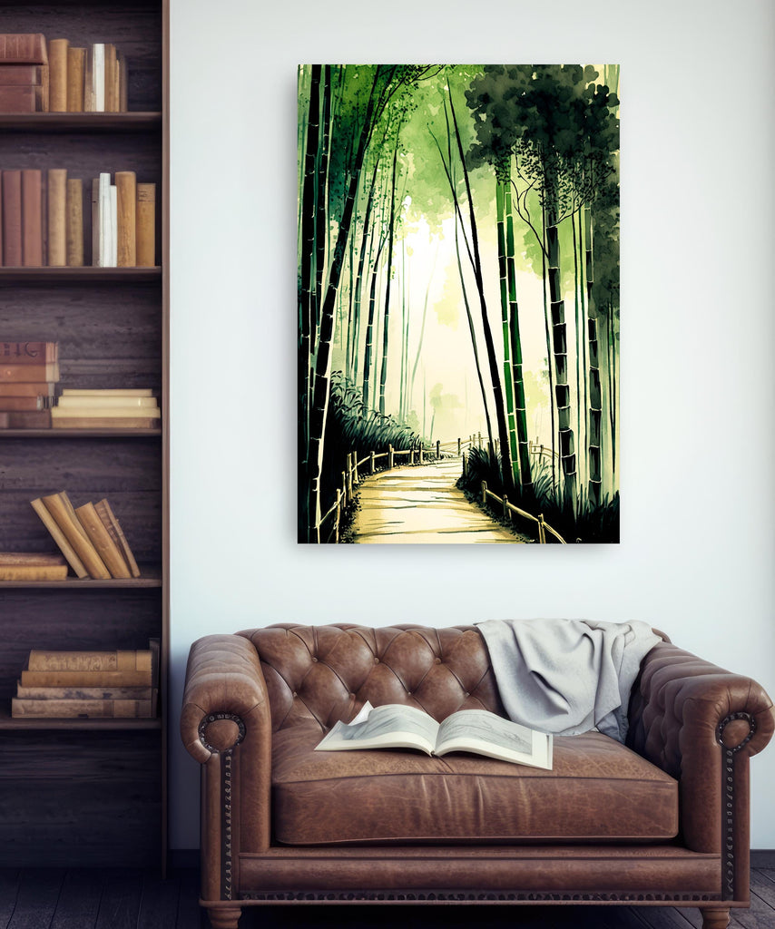 Japanese Bamboo Forest Watercolor Print, Asian Nature Landscape Wall Art, Greenery Botanical Poster, Serene Japan Canvas Art, Zen Home Decor