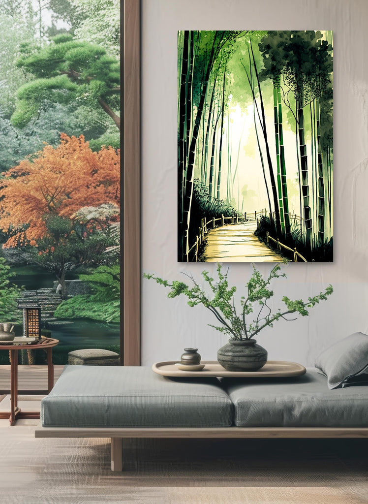 Japanese Bamboo Forest Watercolor Print, Asian Nature Landscape Wall Art, Greenery Botanical Poster, Serene Japan Canvas Art, Zen Home Decor