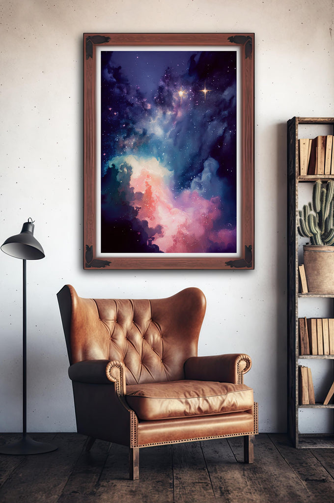 Galaxy Nebula Watercolor Print, Cosmic Space Wall Art, Stars and Clouds Poster, Celestial Universe Canvas Art, Astronomy Home Decor