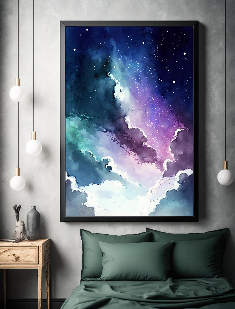 Galaxy Nebula Watercolor Print, Cosmic Space Wall Art, Stars and Clouds Poster, Celestial Universe Canvas Art, Astronomy Home Decor