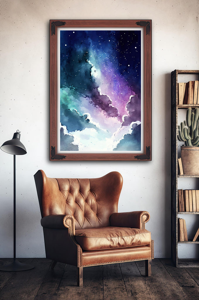 Galaxy Nebula Watercolor Print, Cosmic Space Wall Art, Stars and Clouds Poster, Celestial Universe Canvas Art, Astronomy Home Decor