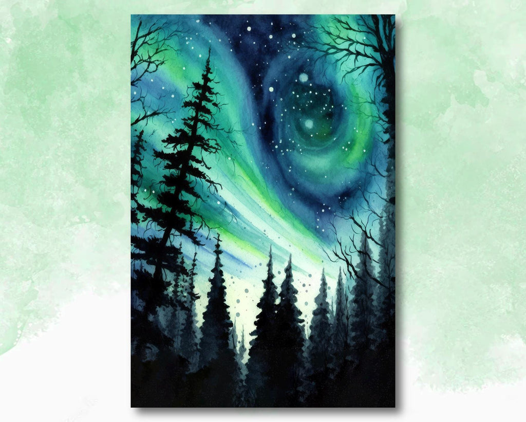 Winter Forest Aurora Borealis Watercolor Print, Northern Lights Landscape Wall Art, Starry Night Canvas Art, Nature-Inspired Home Decor