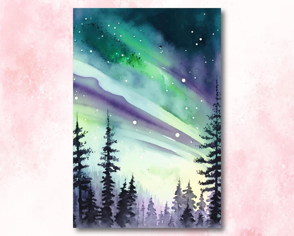 Winter Forest Aurora Borealis Watercolor Print, Northern Lights Landscape Wall Art, Starry Night Canvas Art, Nature-Inspired Home Decor