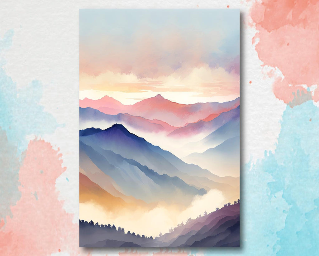 Mountain Sunrise Watercolor Print, Layered Landscape Wall Art, Nature-Inspired Canvas Poster, Colorful Misty Sunrise Decor