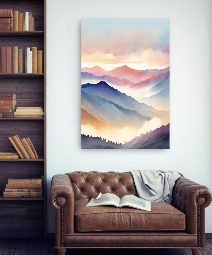 Mountain Sunrise Watercolor Print, Layered Landscape Wall Art, Nature-Inspired Canvas Poster, Colorful Misty Sunrise Decor