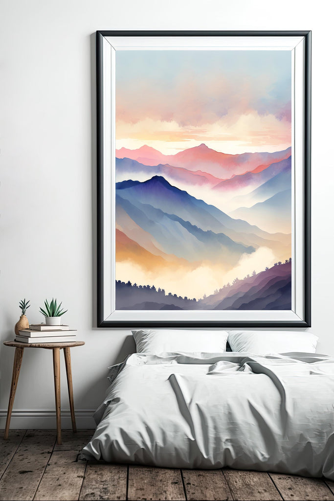 Mountain Sunrise Watercolor Print, Layered Landscape Wall Art, Nature-Inspired Canvas Poster, Colorful Misty Sunrise Decor