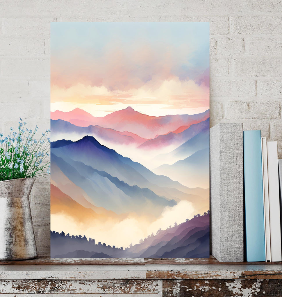 Mountain Sunrise Watercolor Print, Layered Landscape Wall Art, Nature-Inspired Canvas Poster, Colorful Misty Sunrise Decor