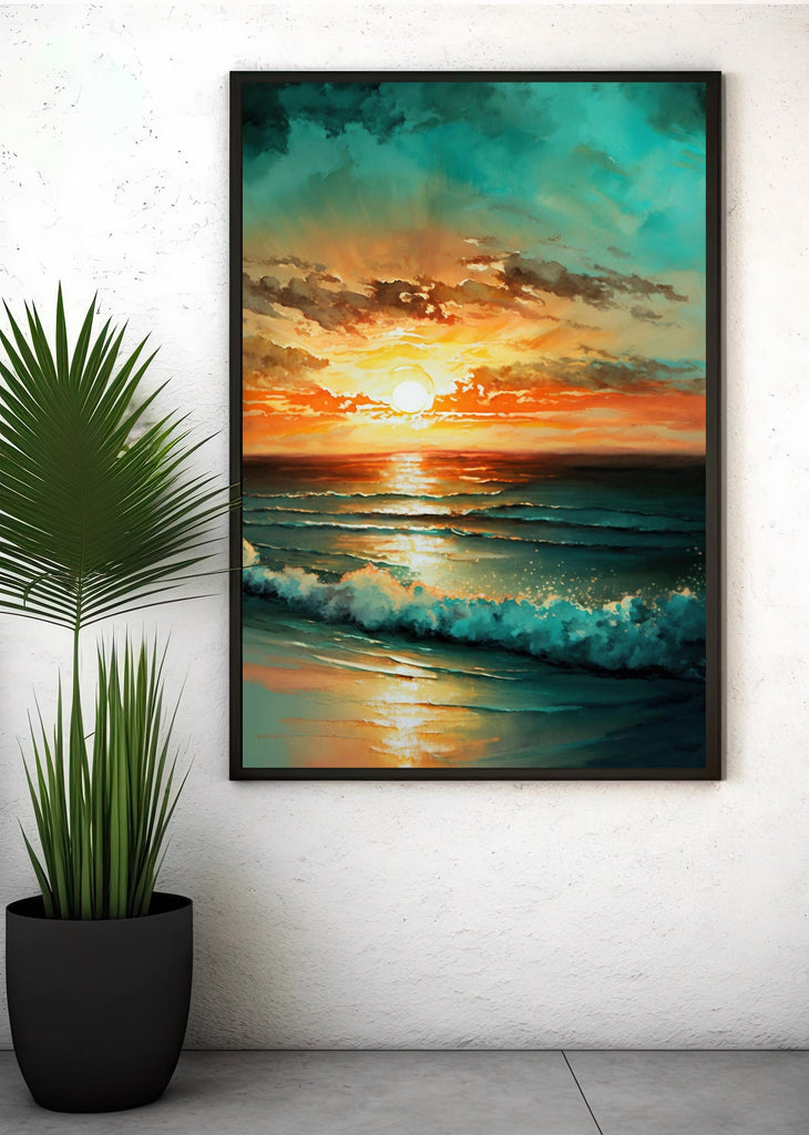 Ocean Sunset Watercolor Print, Beach Wave Landscape Wall Art, Nature Inspired Canvas Poster, Coastal Sunrise Home Decor