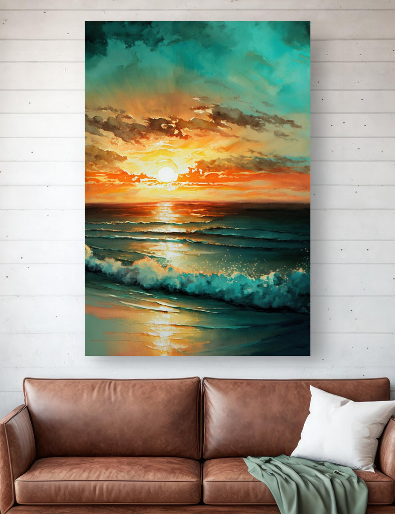 Ocean Sunset Watercolor Print, Beach Wave Landscape Wall Art, Nature Inspired Canvas Poster, Coastal Sunrise Home Decor