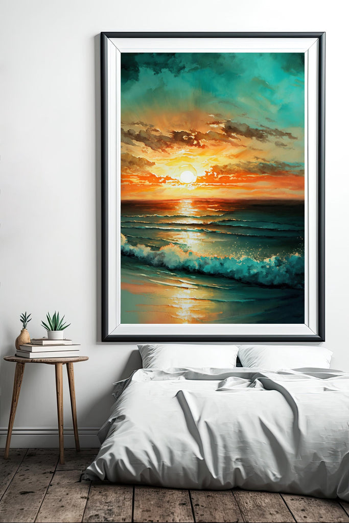 Ocean Sunset Watercolor Print, Beach Wave Landscape Wall Art, Nature Inspired Canvas Poster, Coastal Sunrise Home Decor