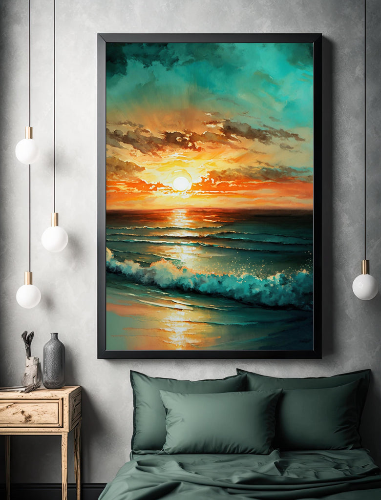 Ocean Sunset Watercolor Print, Beach Wave Landscape Wall Art, Nature Inspired Canvas Poster, Coastal Sunrise Home Decor