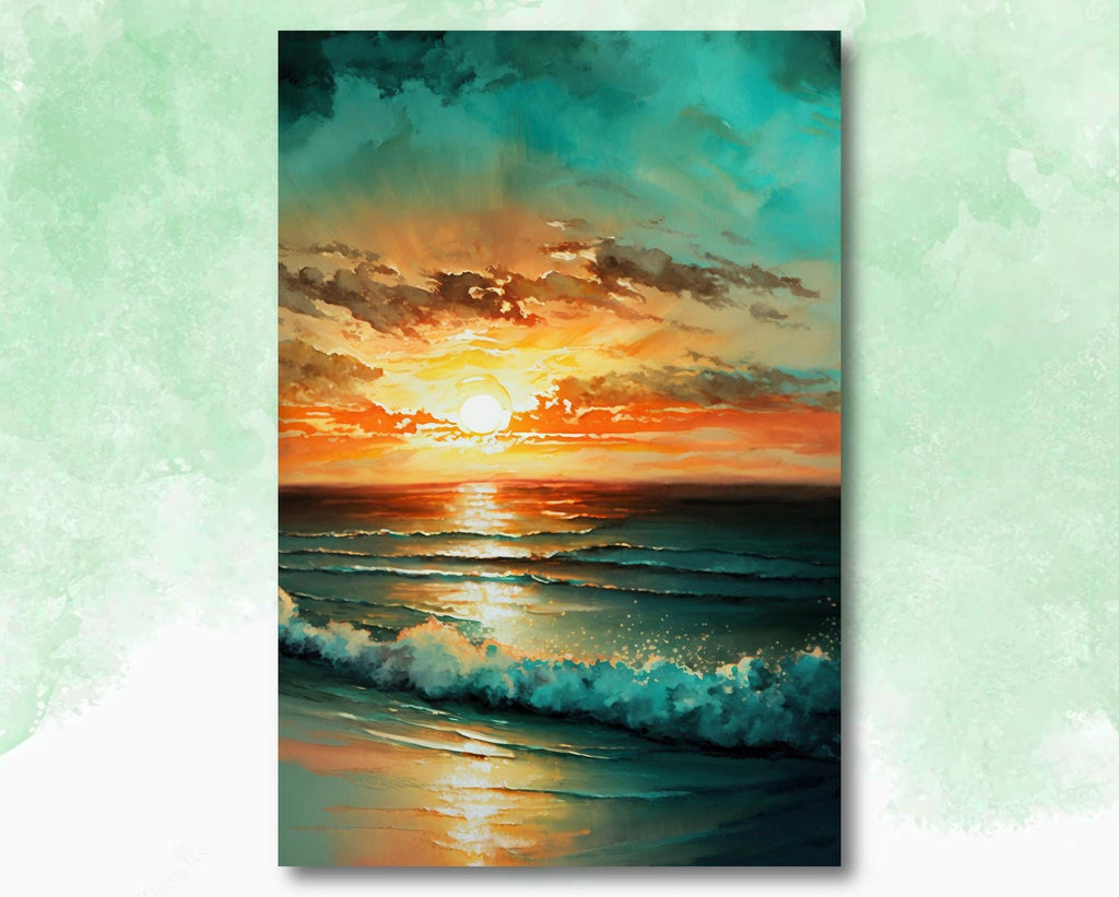 Ocean Sunset Watercolor Print, Beach Wave Landscape Wall Art, Nature Inspired Canvas Poster, Coastal Sunrise Home Decor