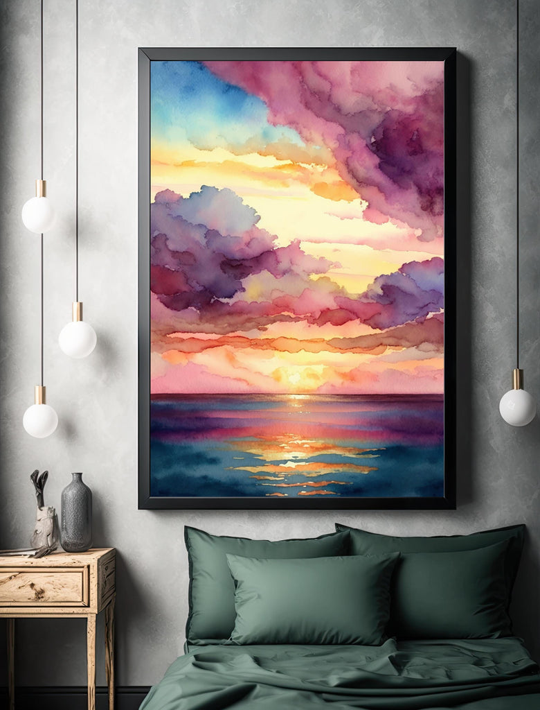 Ocean Sunset Watercolor Print, Beach Wave Landscape Wall Art, Nature Inspired Canvas Poster, Coastal Sunrise Home Decor