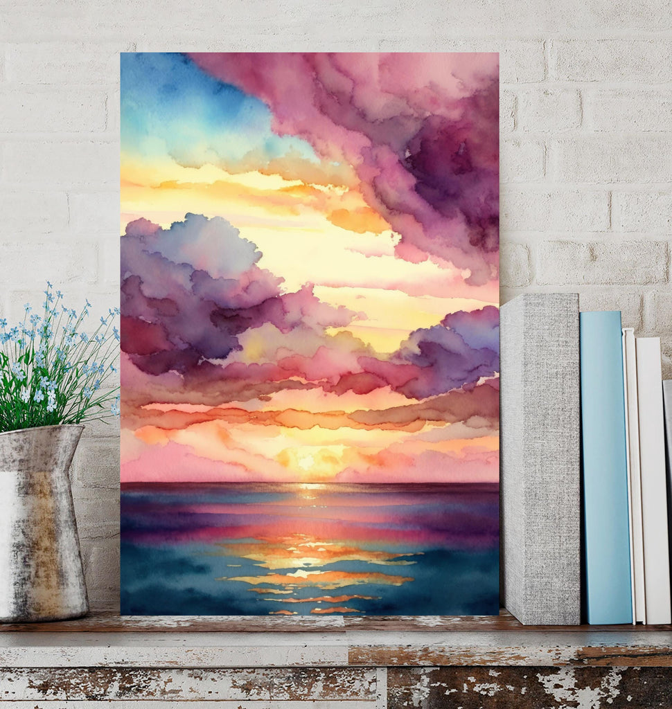 Ocean Sunset Watercolor Print, Beach Wave Landscape Wall Art, Nature Inspired Canvas Poster, Coastal Sunrise Home Decor