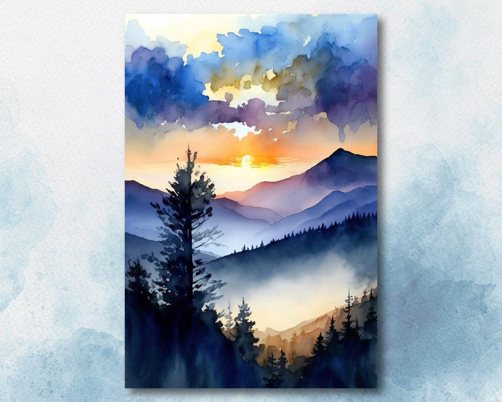 Mountain Sunrise Watercolor Print, Cloudy Scenic Landscape Poster Wall Art, Nature Inspired Canvas, Blue and Orange Sky, Woodland Home Decor