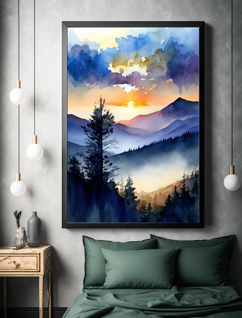 Mountain Sunrise Watercolor Print, Cloudy Scenic Landscape Poster Wall Art, Nature Inspired Canvas, Blue and Orange Sky, Woodland Home Decor